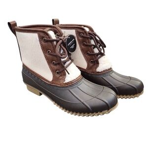 New LONDON FOG Womens 7M Winley 2 Duck Boots Sherpa Fleece Winter Brown Cream